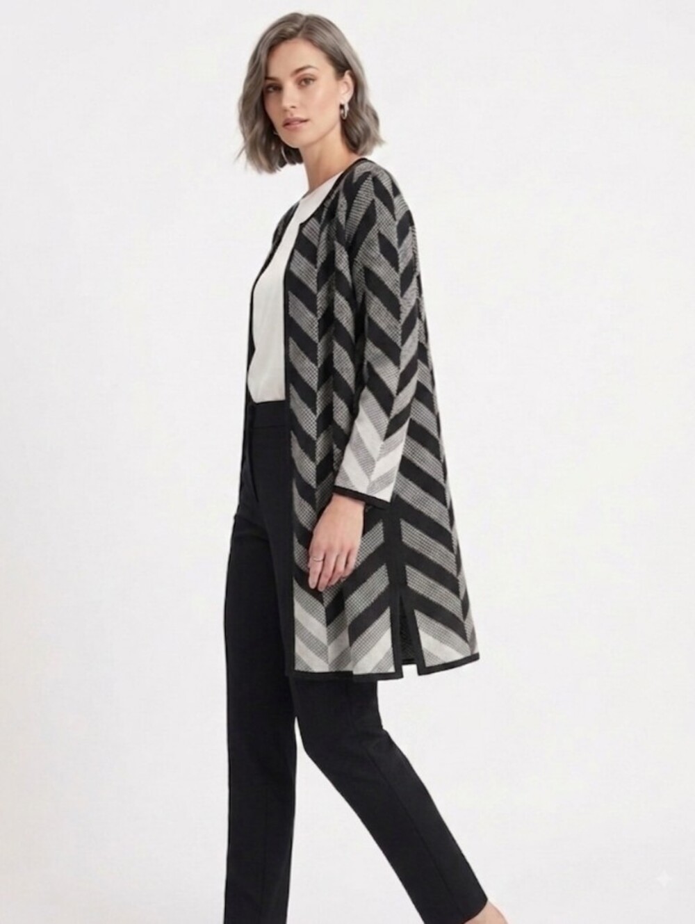 Kasper Black and White Chevron Duster Cardigan Medium